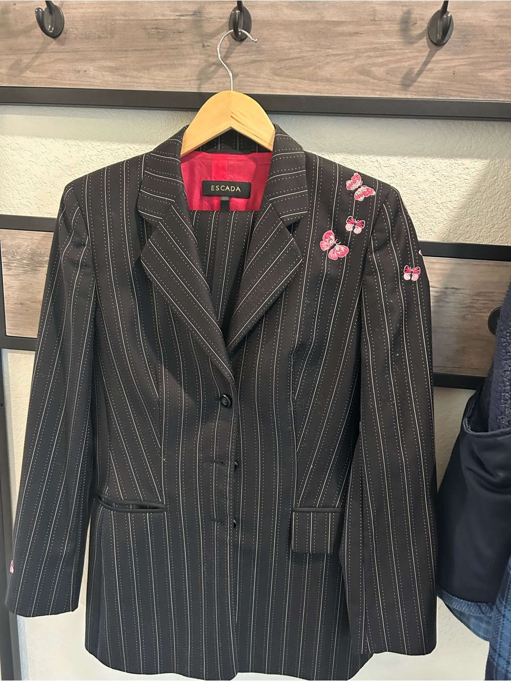 Escada Black Pinstripe Blazer with Pink Butterfly Embroidery